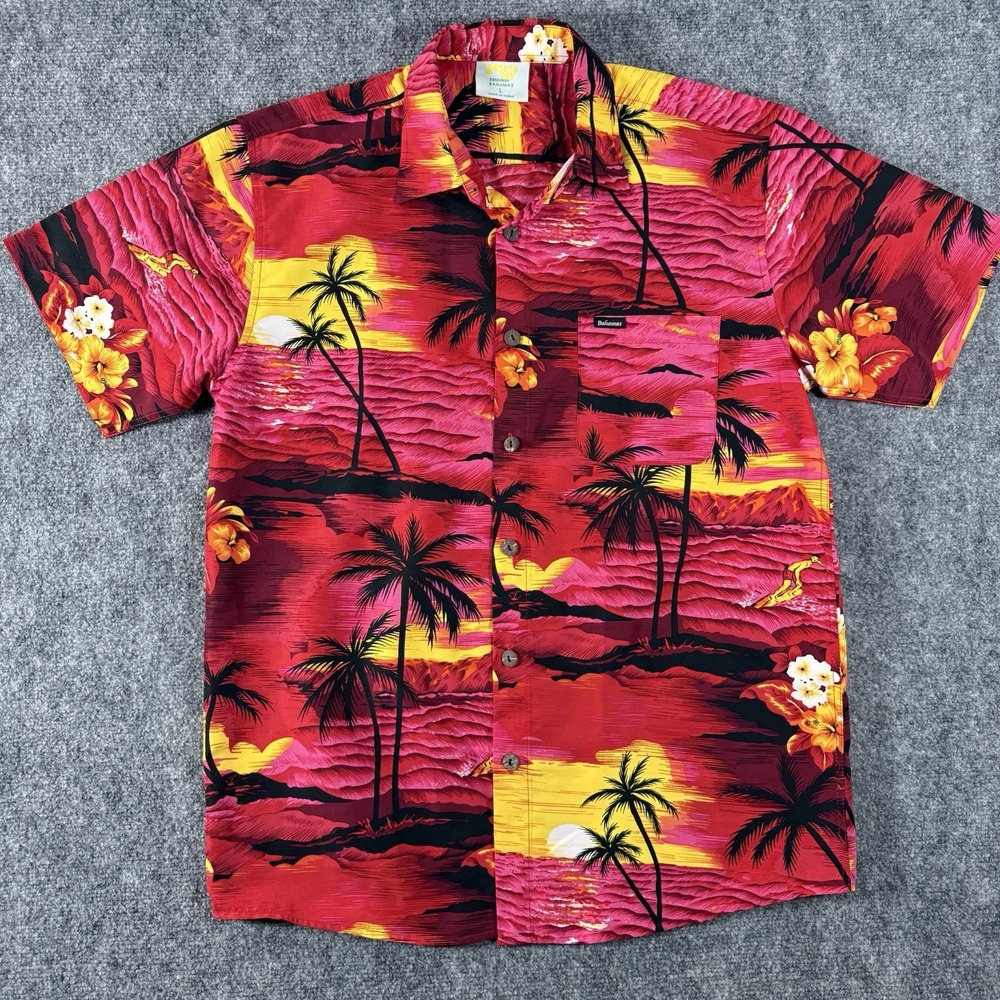 Banana Bay Bahamas Mens Large Hawaiian Shirt Surfer Floral Palm Tree Red Yellow